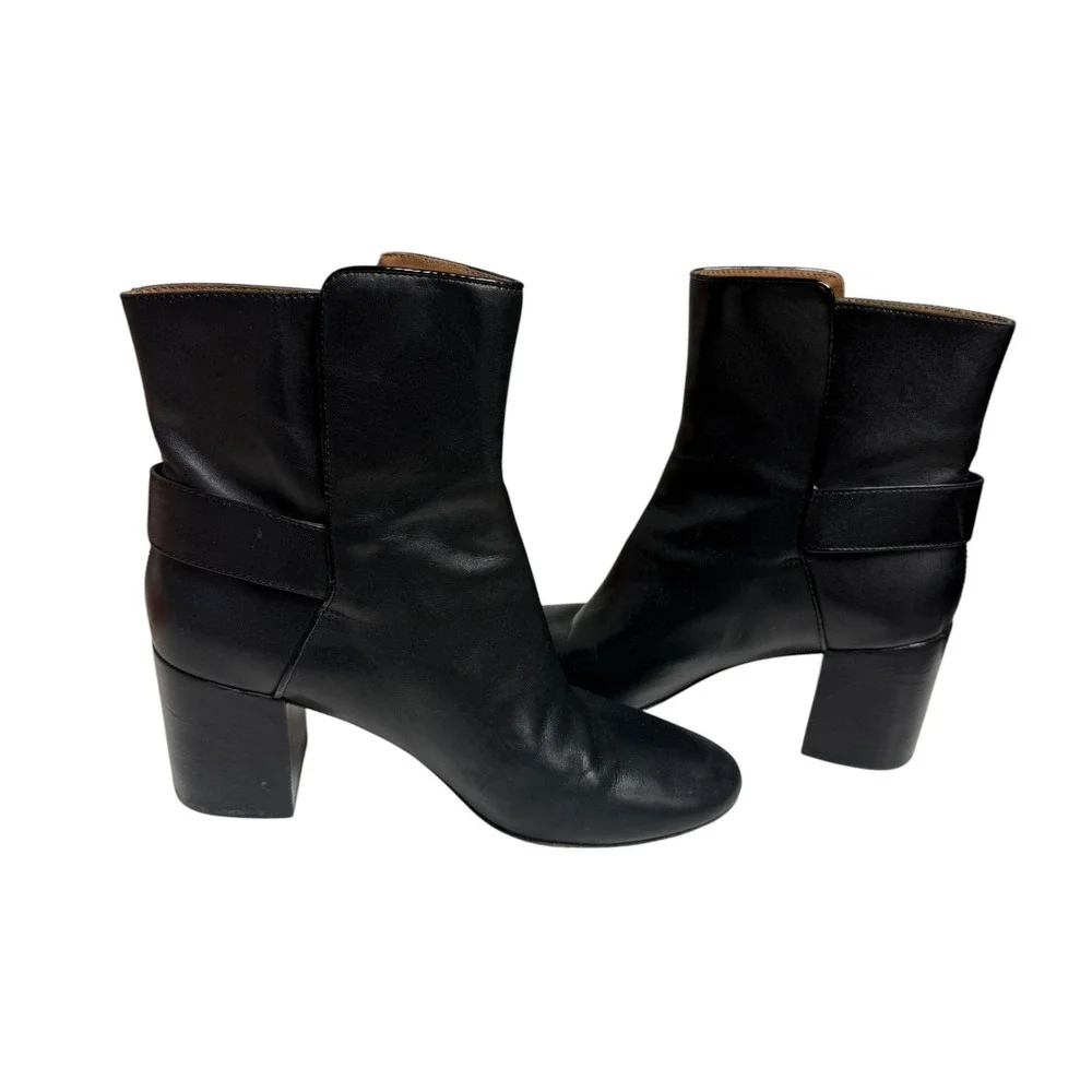Tory Burch Kira Boots Womens 9M Black Leather Block Heel Gold Minimalist Luxury